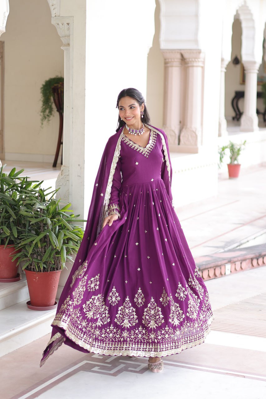 Majestic Wine Purple Embroidered Georgette Anarkali Suit with Dupatta