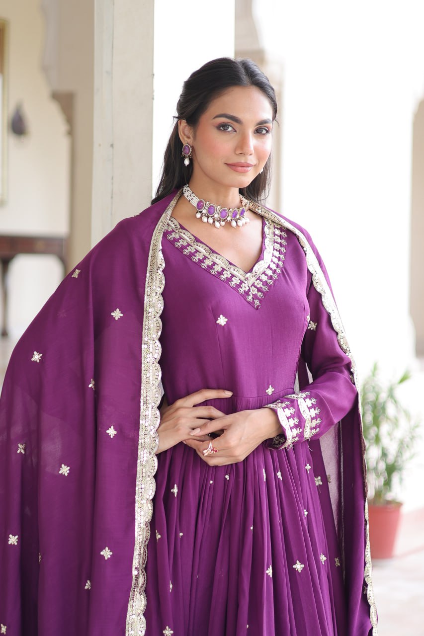 Majestic Wine Purple Embroidered Georgette Anarkali Suit with Dupatta