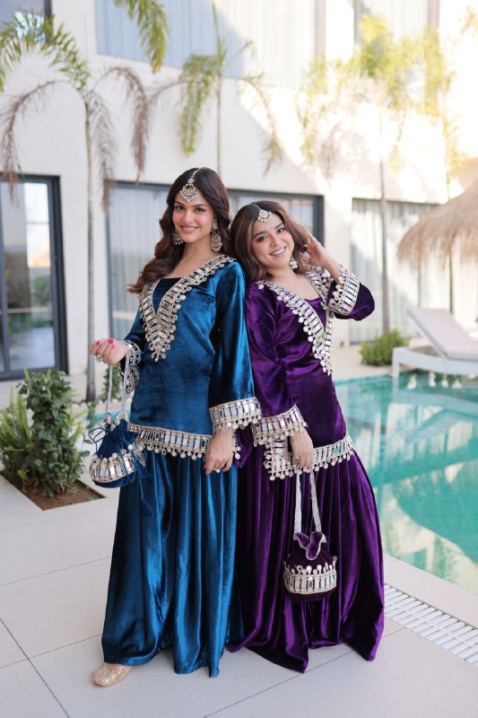 Royal Ice Velvet Zari And Mirror Embroidered Luxury Co Ord Set With Batwa