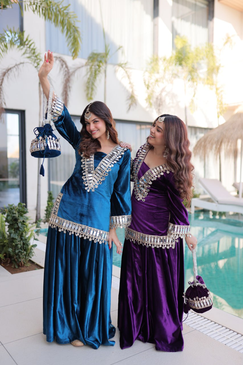 Royal Ice Velvet Zari And Mirror Embroidered Luxury Co Ord Set With Batwa