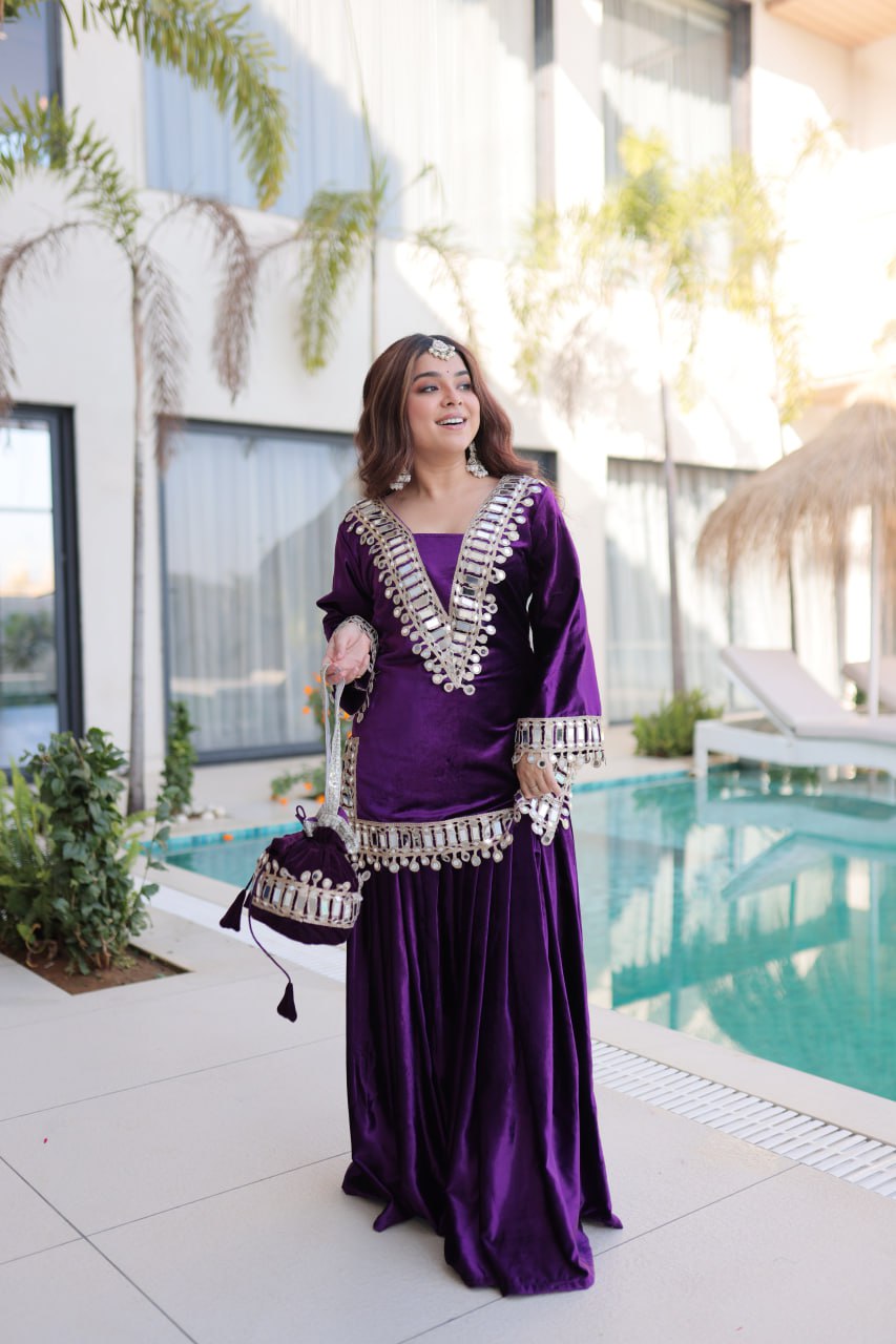 Royal Ice Velvet Zari And Mirror Embroidered Luxury Co Ord Set With Batwa