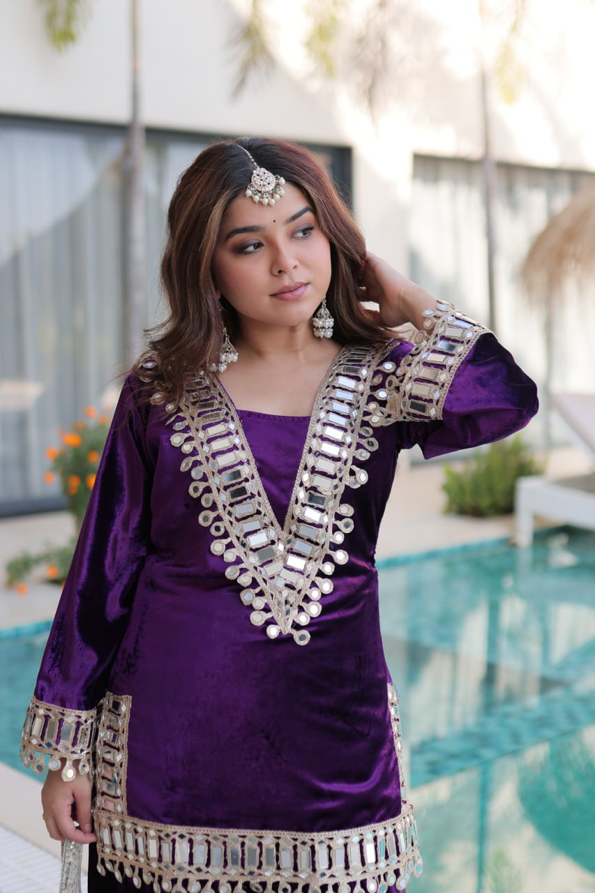Royal Ice Velvet Zari And Mirror Embroidered Luxury Co Ord Set With Batwa