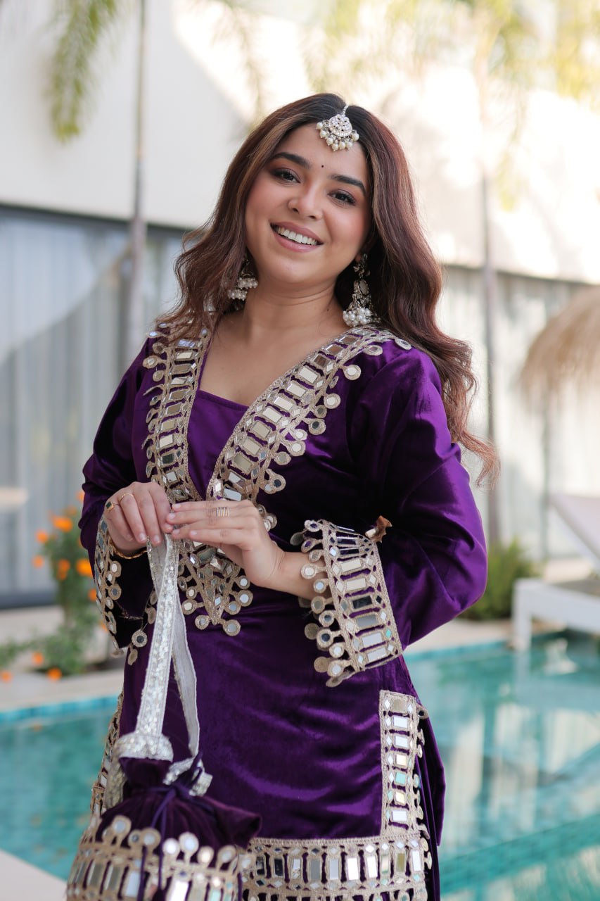 Royal Ice Velvet Zari And Mirror Embroidered Luxury Co Ord Set With Batwa