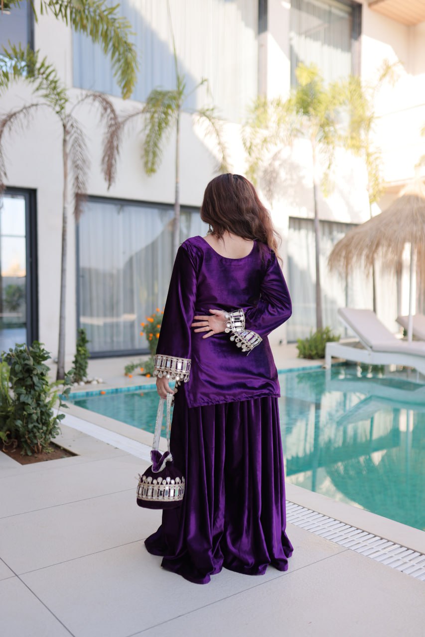Royal Ice Velvet Zari And Mirror Embroidered Luxury Co Ord Set With Batwa