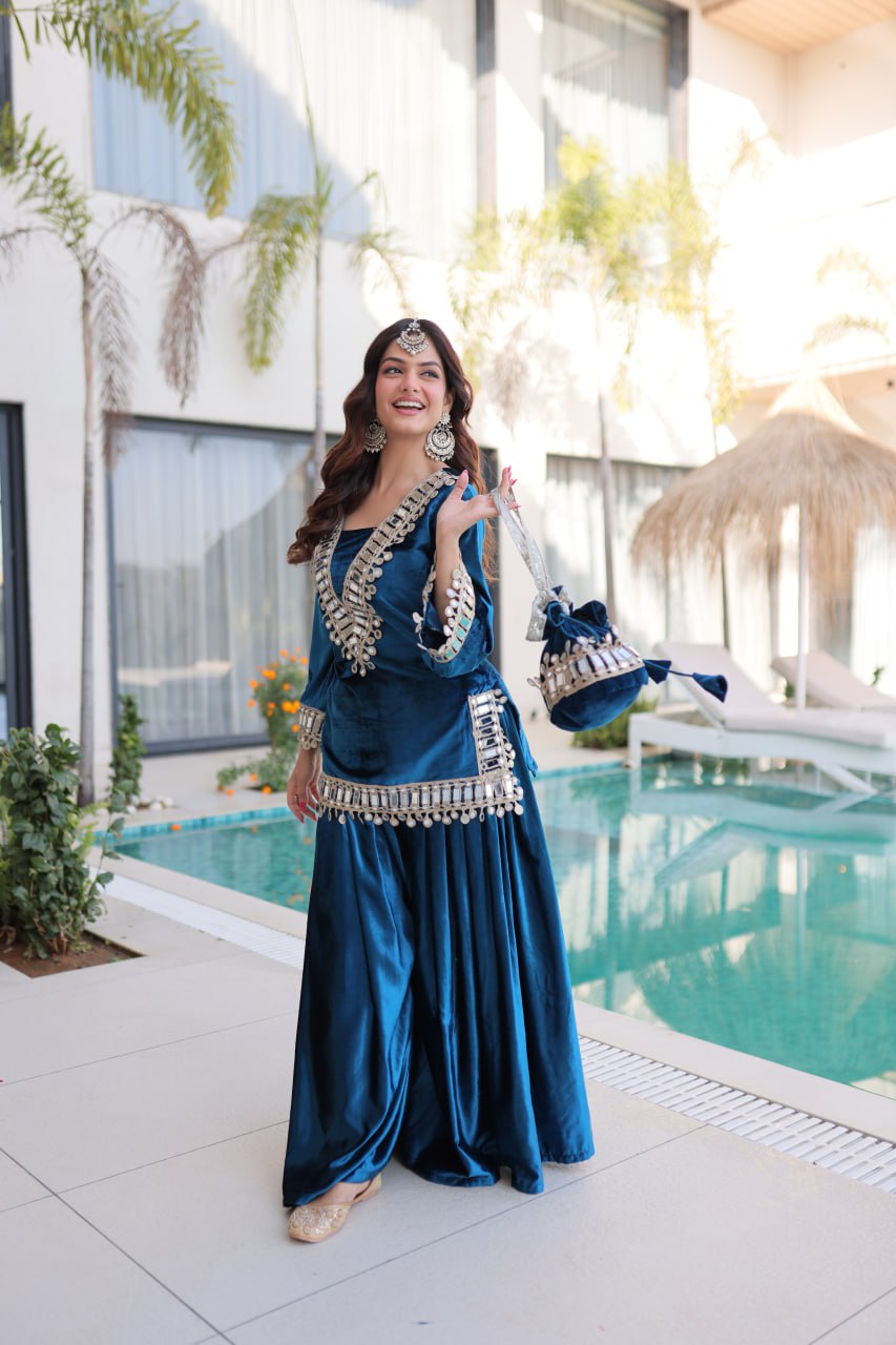 Royal Ice Velvet Zari And Mirror Embroidered Luxury Co Ord Set With Batwa