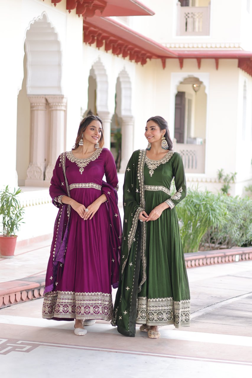 Sivi Green Vichitra Silk Sequins Zari Embroidered Work Gown With Dupatta
