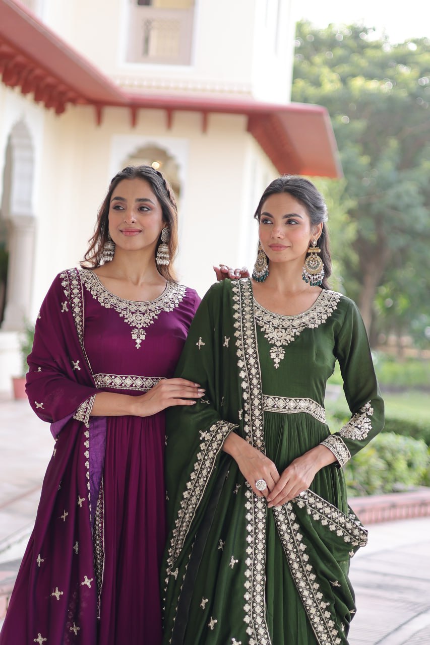 Sivi Green Vichitra Silk Sequins Zari Embroidered Work Gown With Dupatta