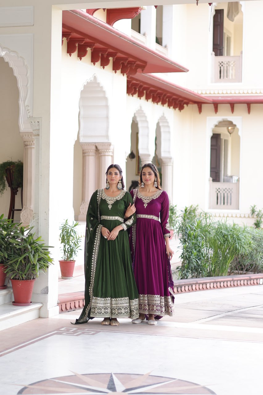 Sivi Green Vichitra Silk Sequins Zari Embroidered Work Gown With Dupatta