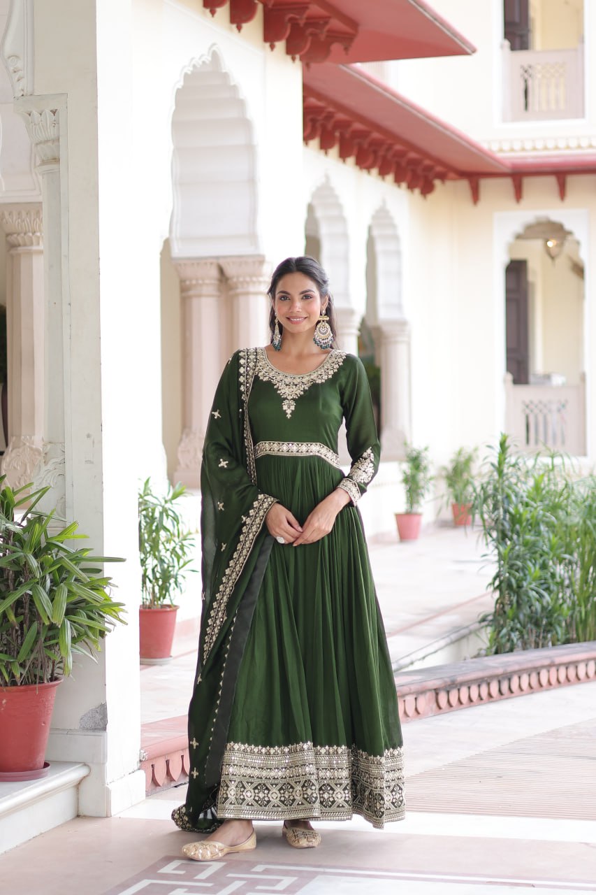 Sivi Green Vichitra Silk Sequins Zari Embroidered Work Gown With Dupatta
