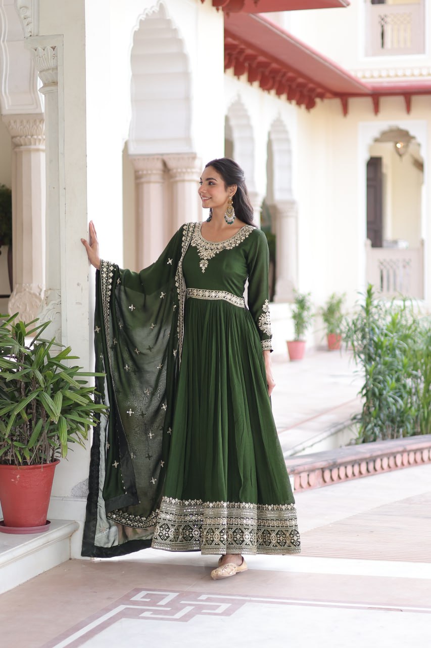 Sivi Green Vichitra Silk Sequins Zari Embroidered Work Gown With Dupatta