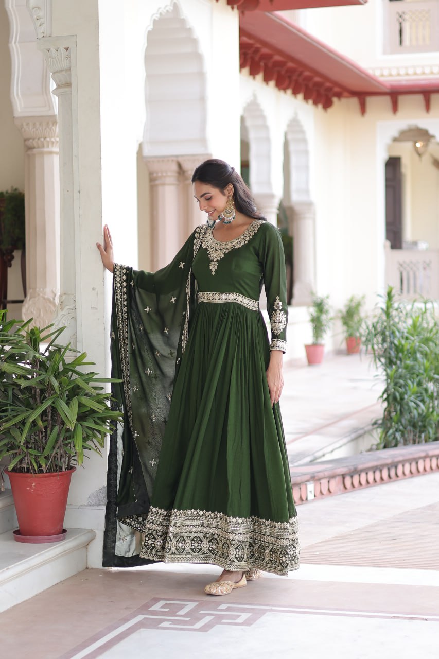 Sivi Green Vichitra Silk Sequins Zari Embroidered Work Gown With Dupatta