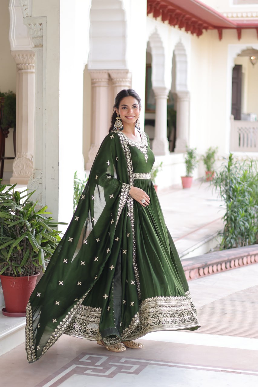 Sivi Green Vichitra Silk Sequins Zari Embroidered Work Gown With Dupatta