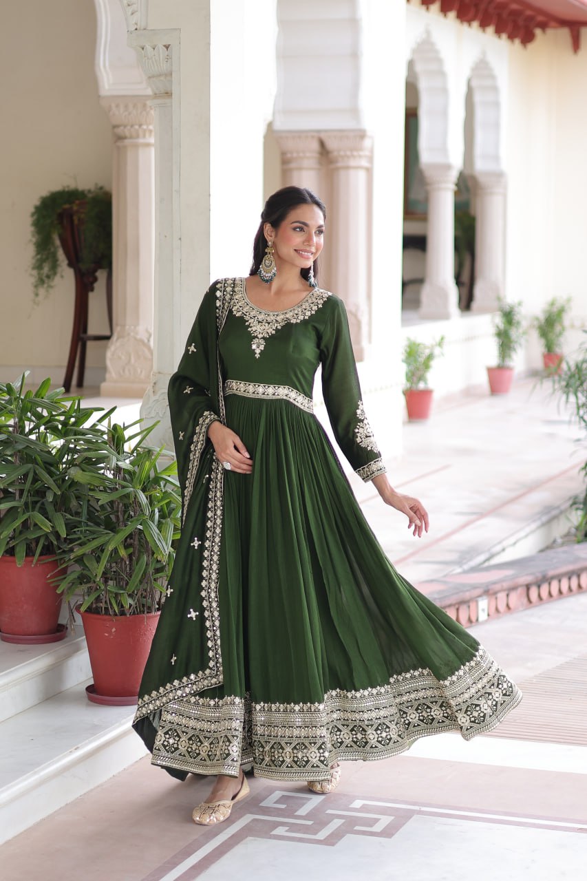 Sivi Green Vichitra Silk Sequins Zari Embroidered Work Gown With Dupatta
