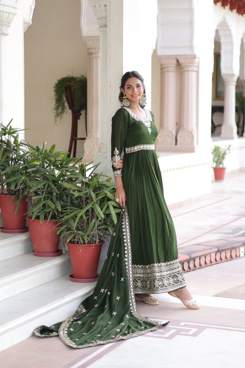 Sivi Green Vichitra Silk Sequins Zari Embroidered Work Gown With Dupatta