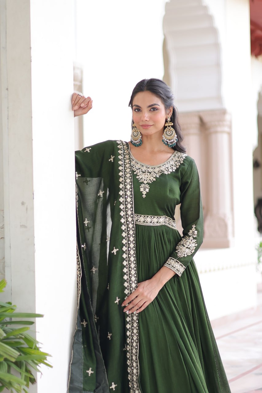 Sivi Green Vichitra Silk Sequins Zari Embroidered Work Gown With Dupatta