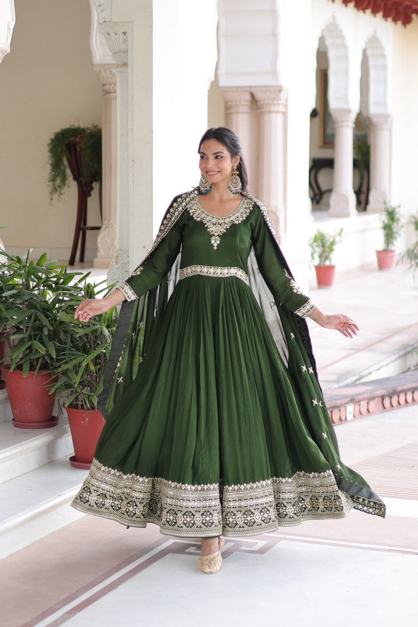 Sivi Green Vichitra Silk Sequins Zari Embroidered Work Gown With Dupatta