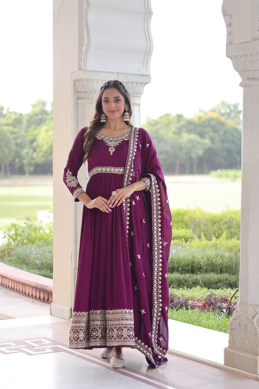 Sivi Green Vichitra Silk Sequins Zari Embroidered Work Gown With Dupatta