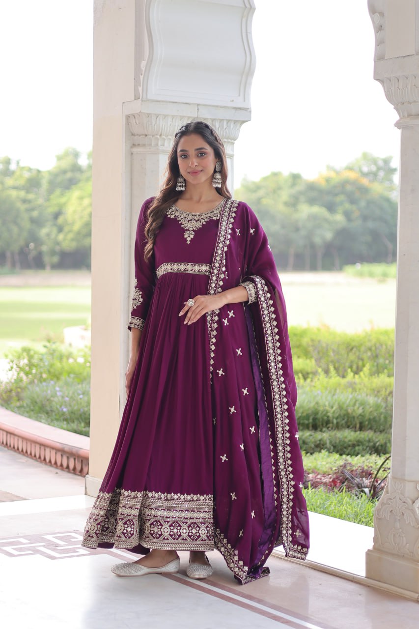 Sivi Green Vichitra Silk Sequins Zari Embroidered Work Gown With Dupatta