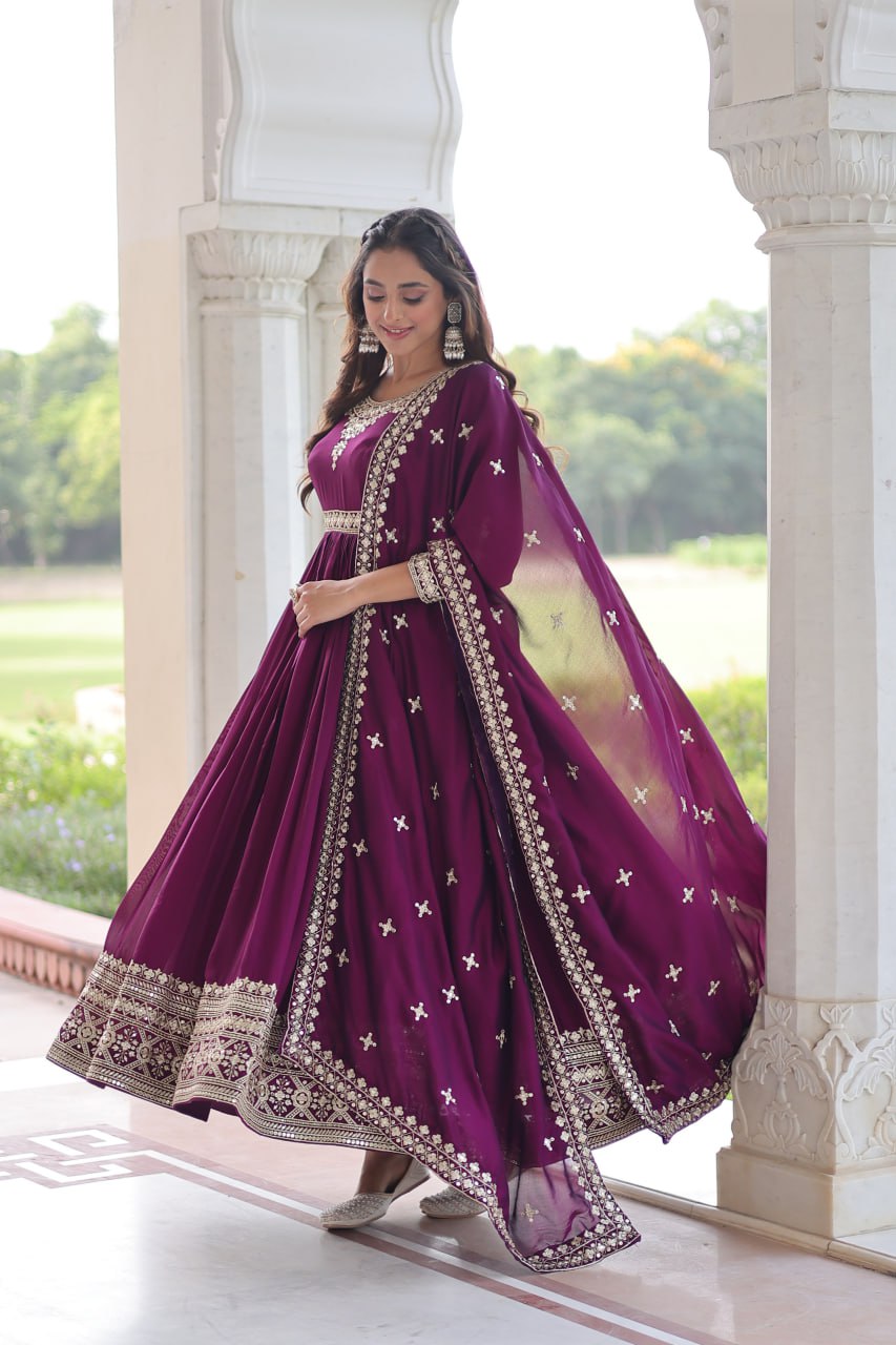 Sivi Green Vichitra Silk Sequins Zari Embroidered Work Gown With Dupatta