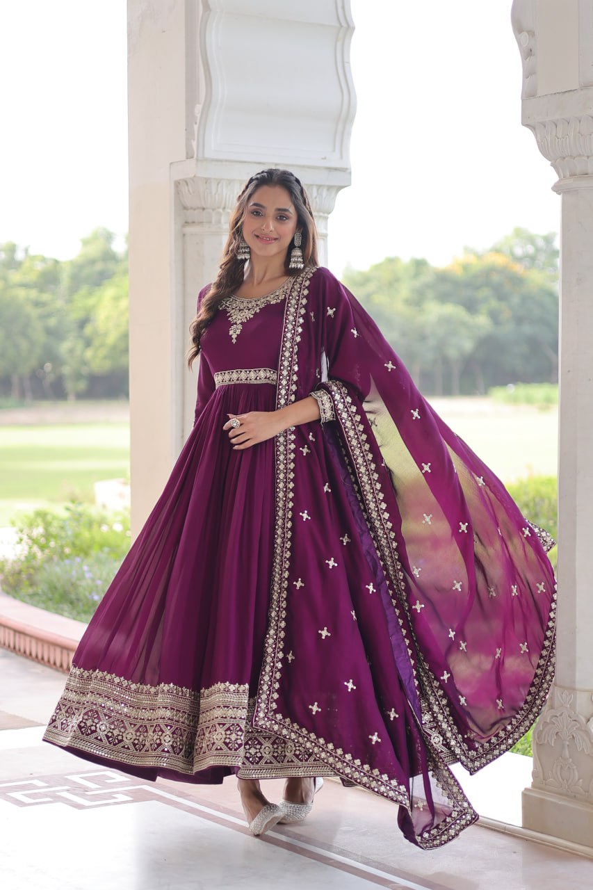 Sivi Green Vichitra Silk Sequins Zari Embroidered Work Gown With Dupatta