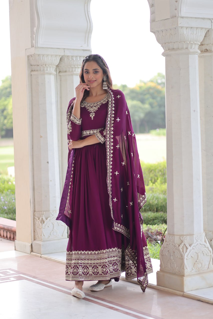 Sivi Green Vichitra Silk Sequins Zari Embroidered Work Gown With Dupatta