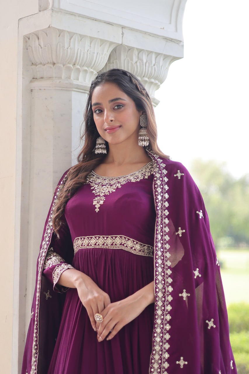Sivi Green Vichitra Silk Sequins Zari Embroidered Work Gown With Dupatta