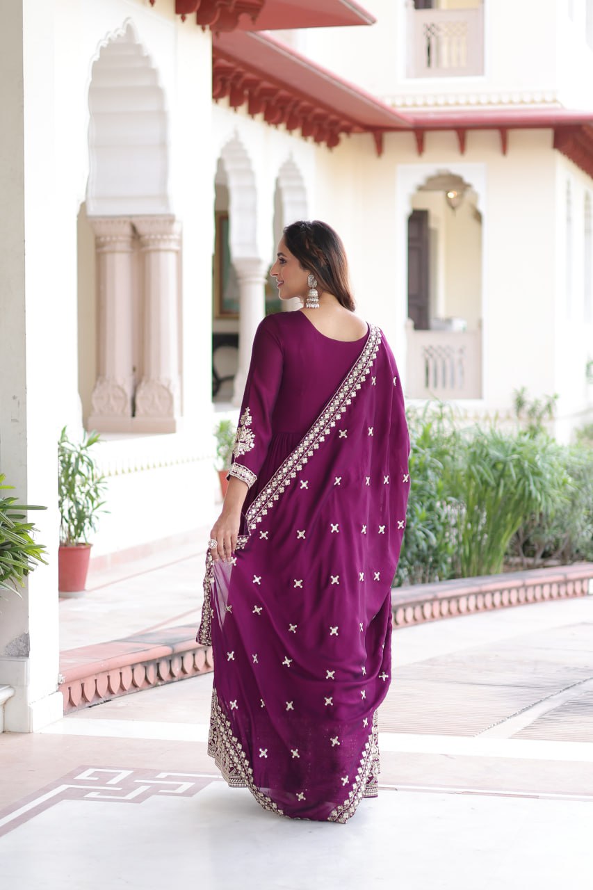 Sivi Green Vichitra Silk Sequins Zari Embroidered Work Gown With Dupatta