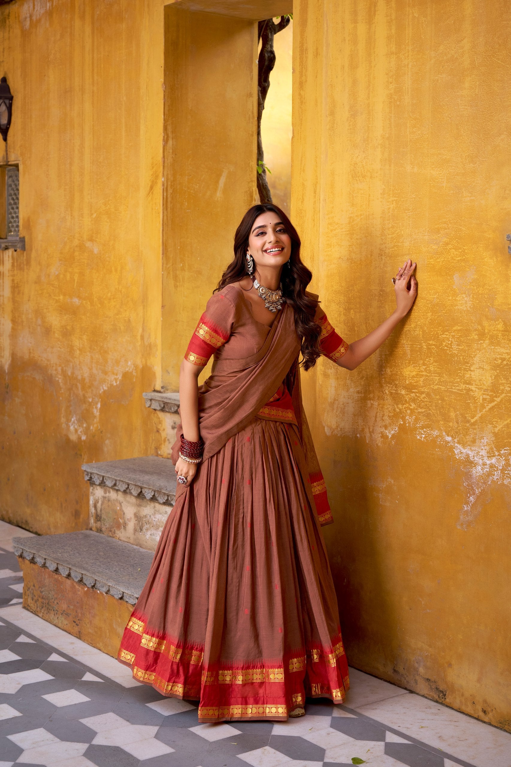 Elegant Pure Chanderi Lehenga with Zari Weaving Work – Stitched Lehenga with Unstitched Blouse & Zari Dupatta