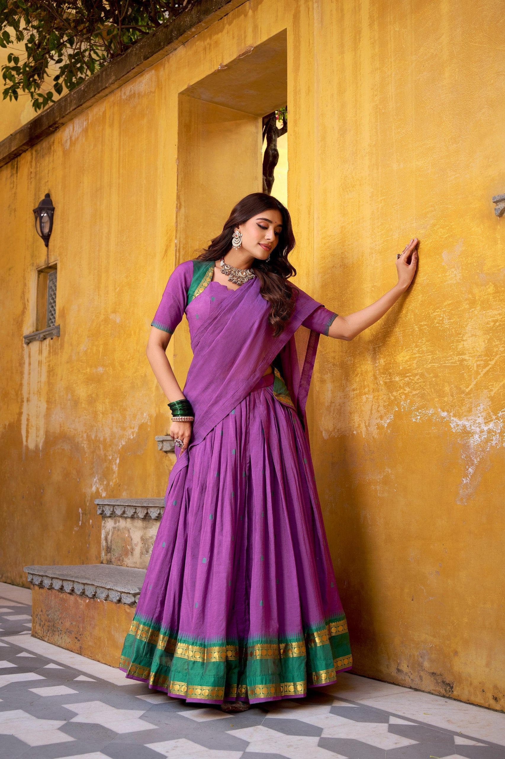 Elegant Pure Chanderi Lehenga with Zari Weaving Work – Stitched Lehenga with Unstitched Blouse & Zari Dupatta