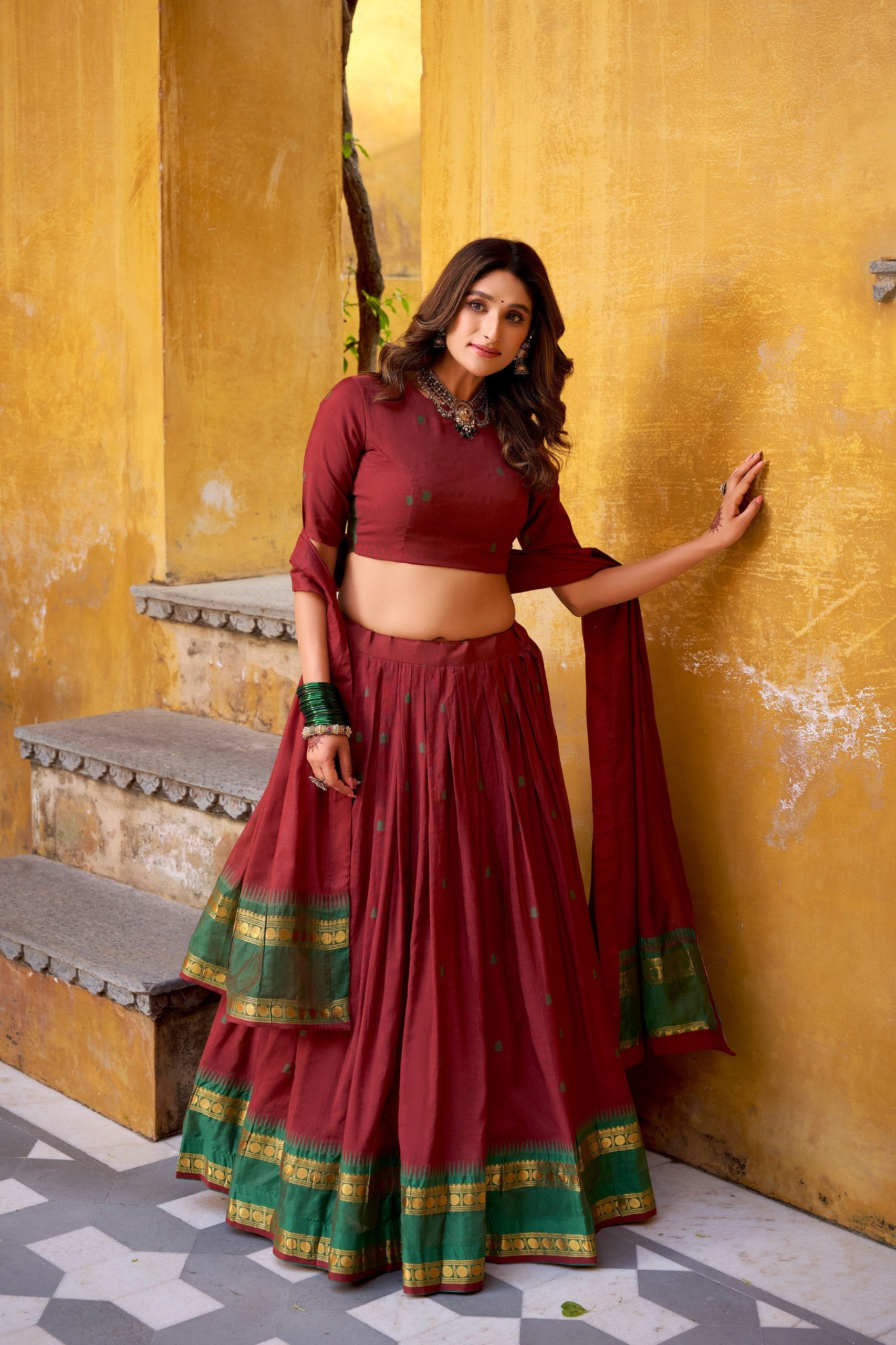 Elegant Pure Chanderi Lehenga with Zari Weaving Work – Stitched Lehenga with Unstitched Blouse & Zari Dupatta