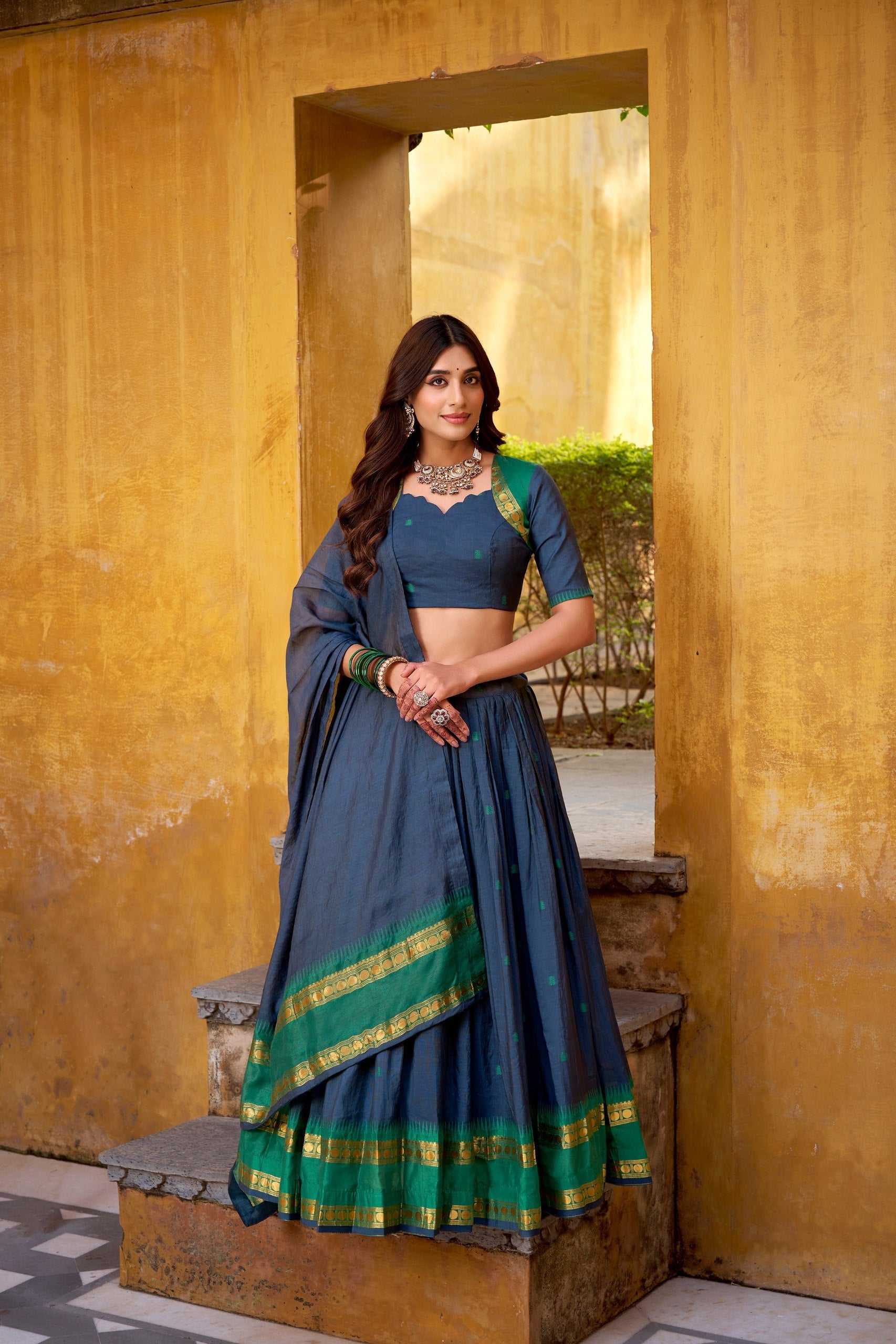 Elegant Pure Chanderi Lehenga with Zari Weaving Work – Stitched Lehenga with Unstitched Blouse & Zari Dupatta