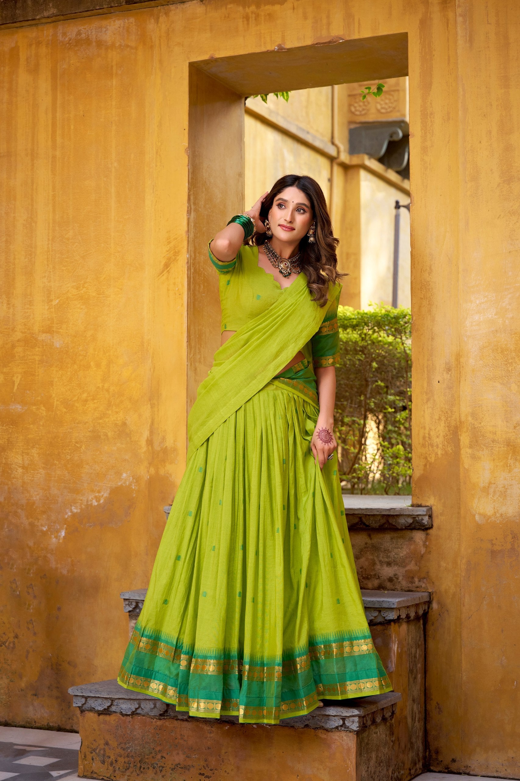 Elegant Pure Chanderi Lehenga with Zari Weaving Work – Stitched Lehenga with Unstitched Blouse & Zari Dupatta
