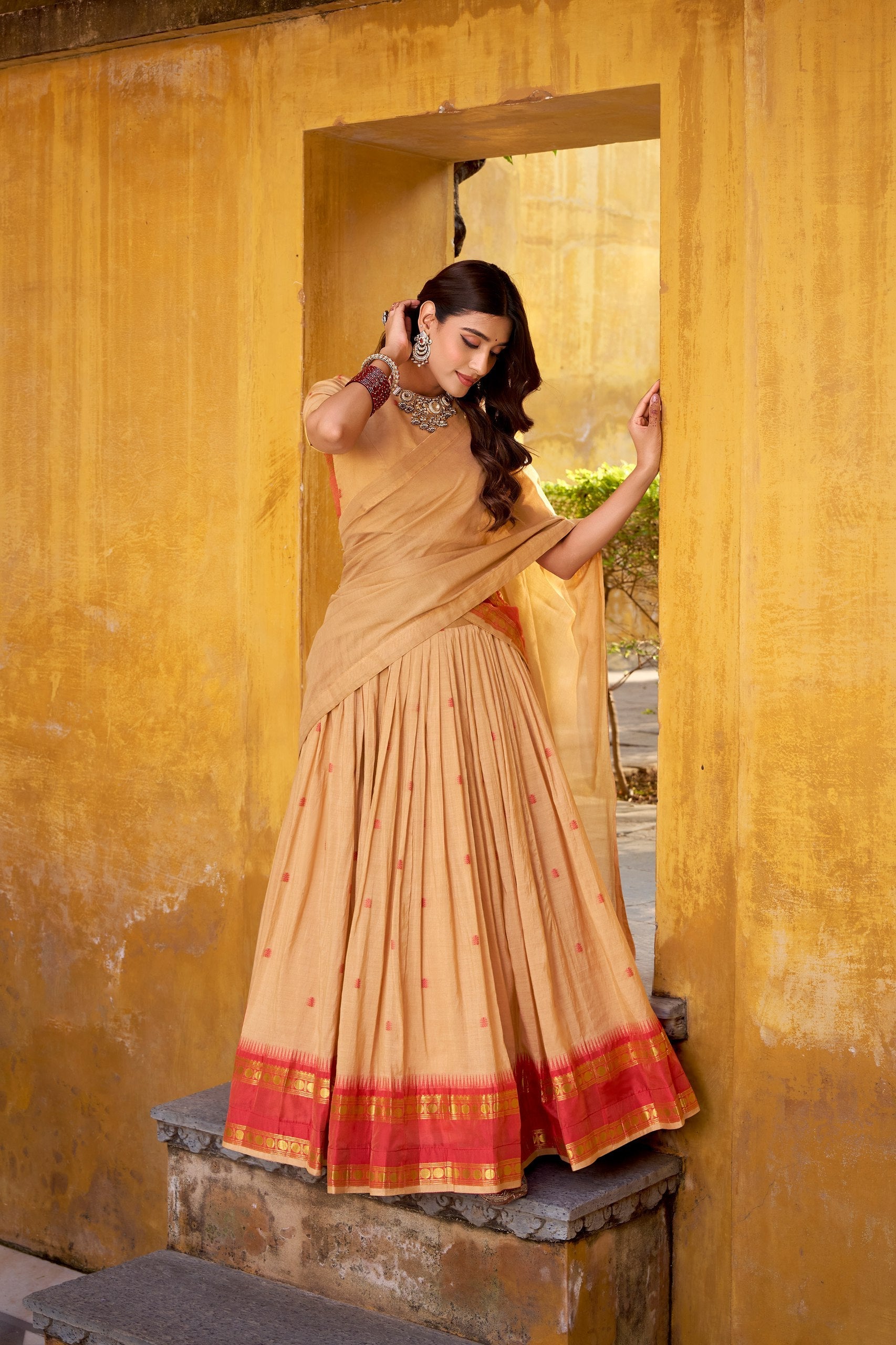 Elegant Pure Chanderi Lehenga with Zari Weaving Work – Stitched Lehenga with Unstitched Blouse & Zari Dupatta