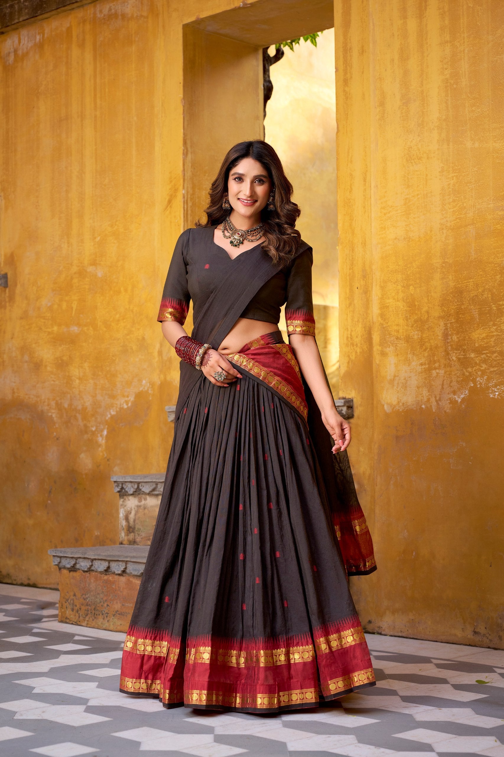 Elegant Pure Chanderi Lehenga with Zari Weaving Work – Stitched Lehenga with Unstitched Blouse & Zari Dupatta