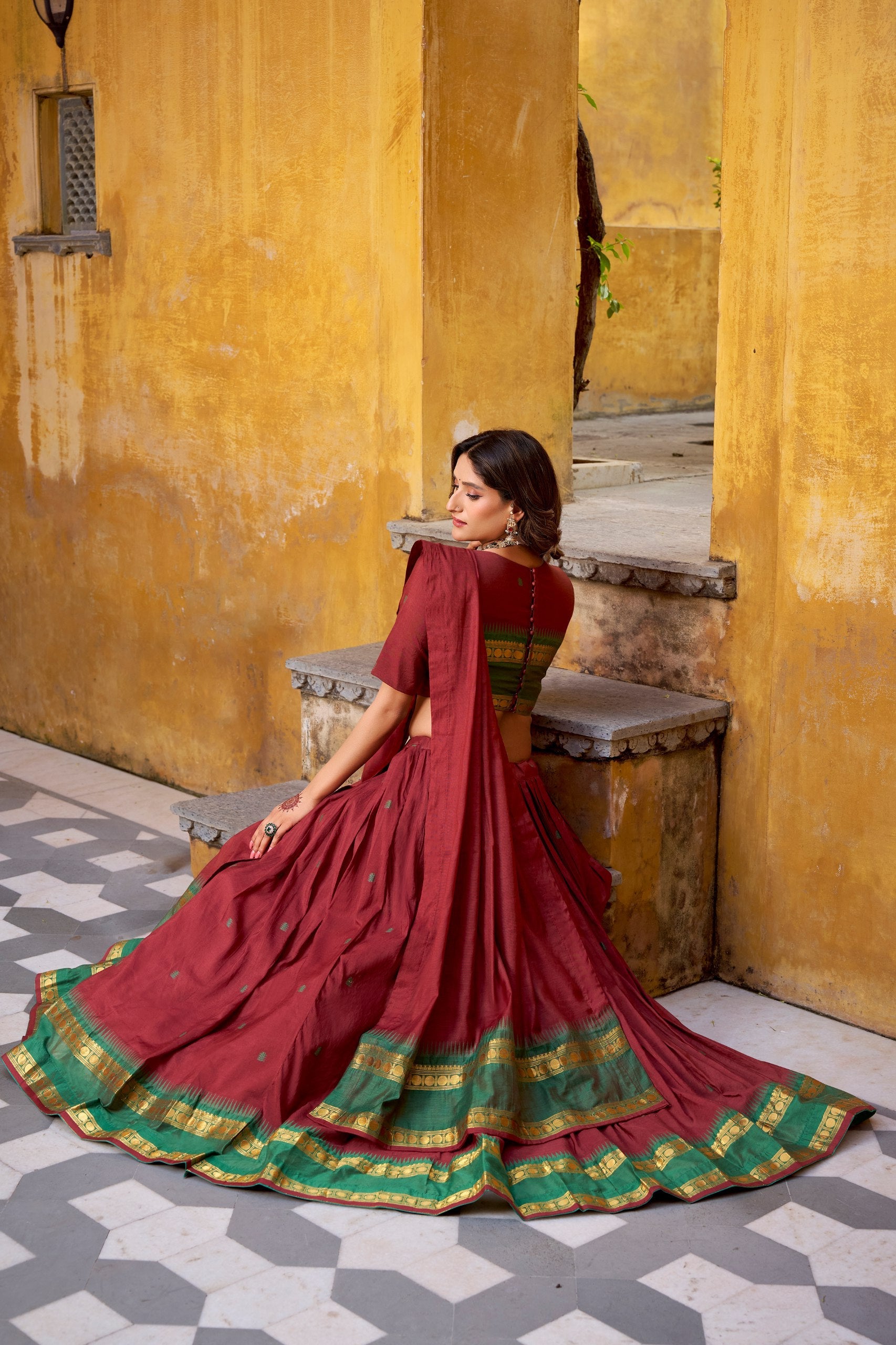Elegant Pure Chanderi Lehenga with Zari Weaving Work – Stitched Lehenga with Unstitched Blouse & Zari Dupatta