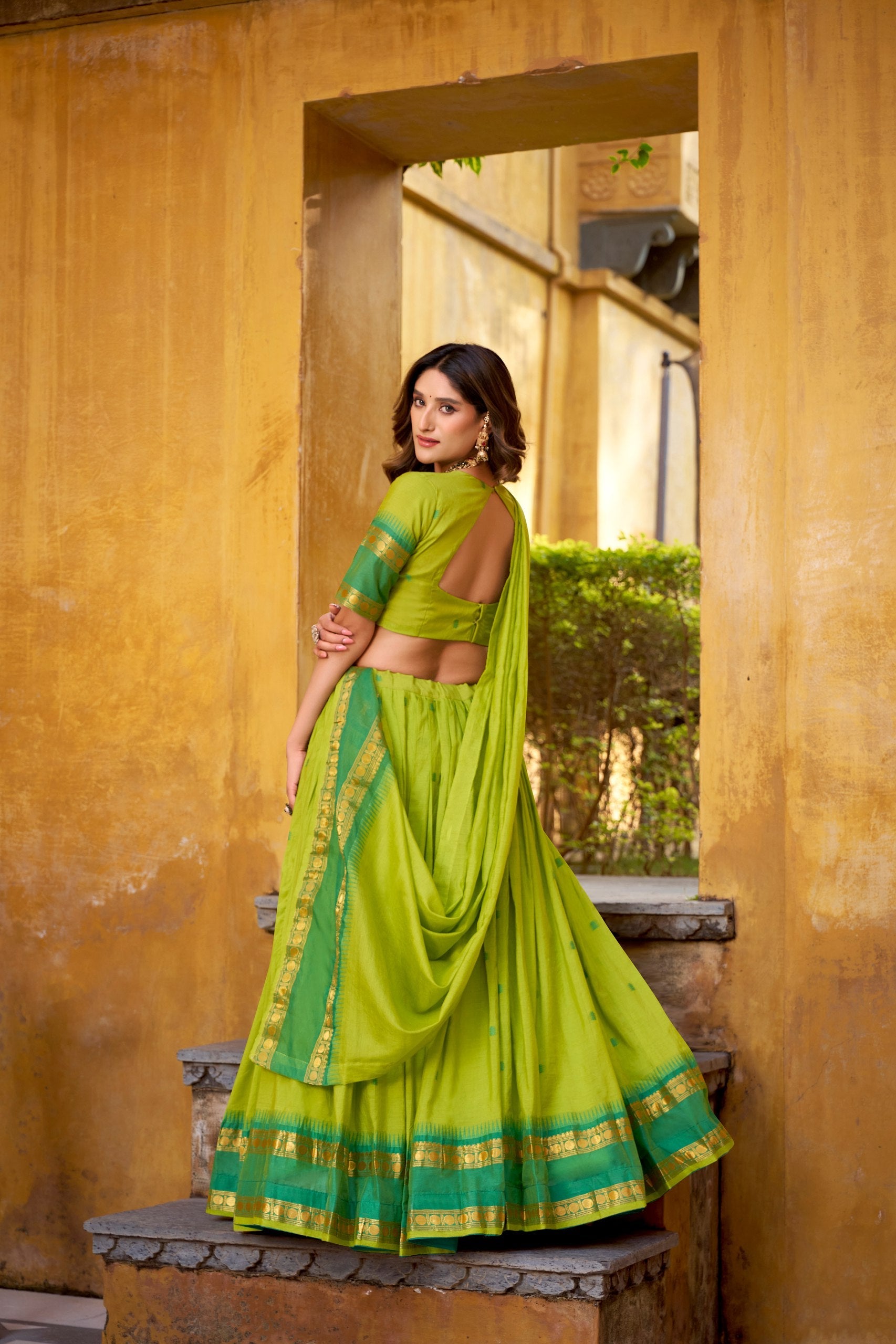 Elegant Pure Chanderi Lehenga with Zari Weaving Work – Stitched Lehenga with Unstitched Blouse & Zari Dupatta