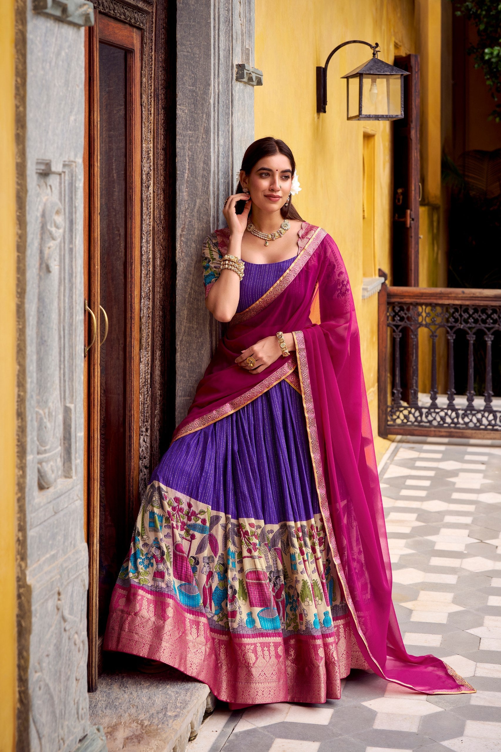 Chanderi Lehenga Choli With Kalamkari Print & Zari Weaving Work