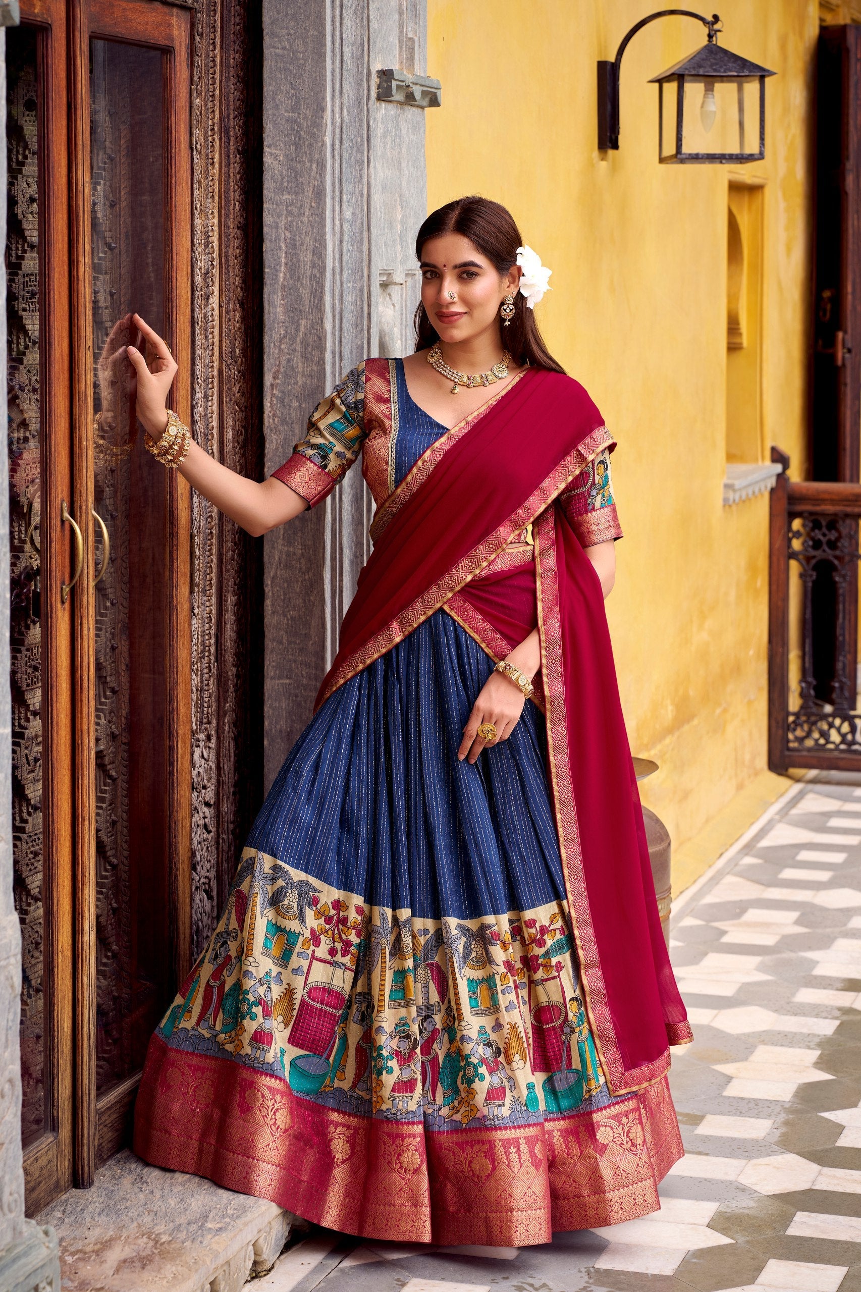 Chanderi Lehenga Choli With Kalamkari Print & Zari Weaving Work