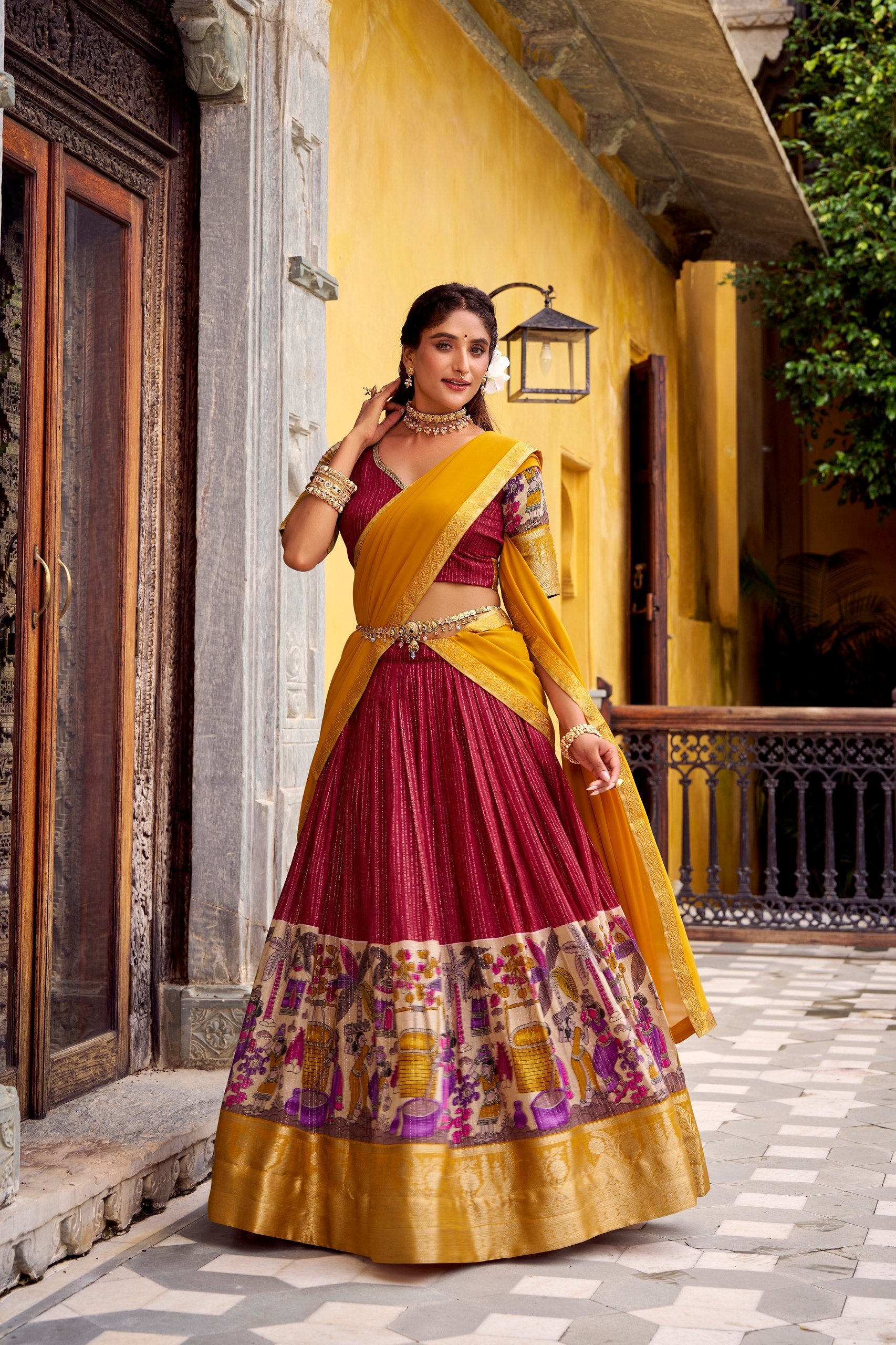 Chanderi Lehenga Choli With Kalamkari Print & Zari Weaving Work