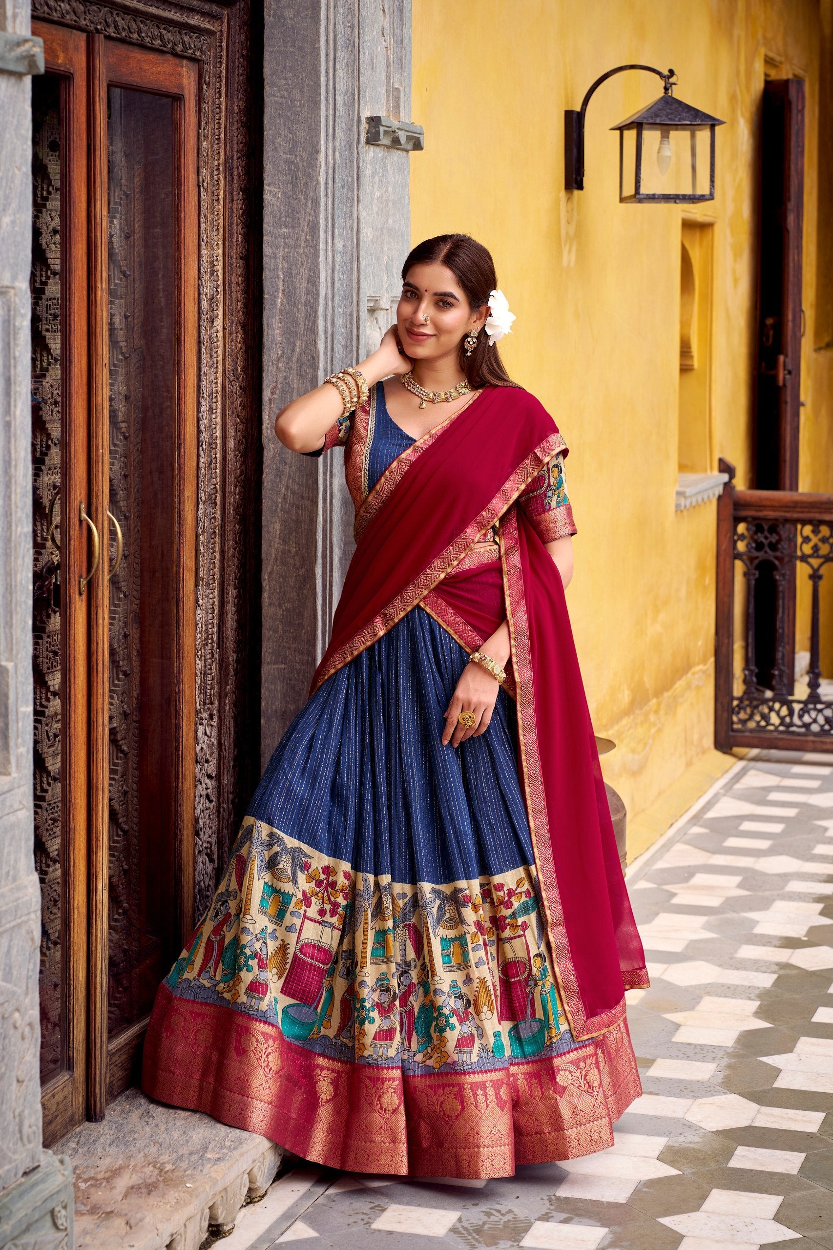 Chanderi Lehenga Choli With Kalamkari Print & Zari Weaving Work