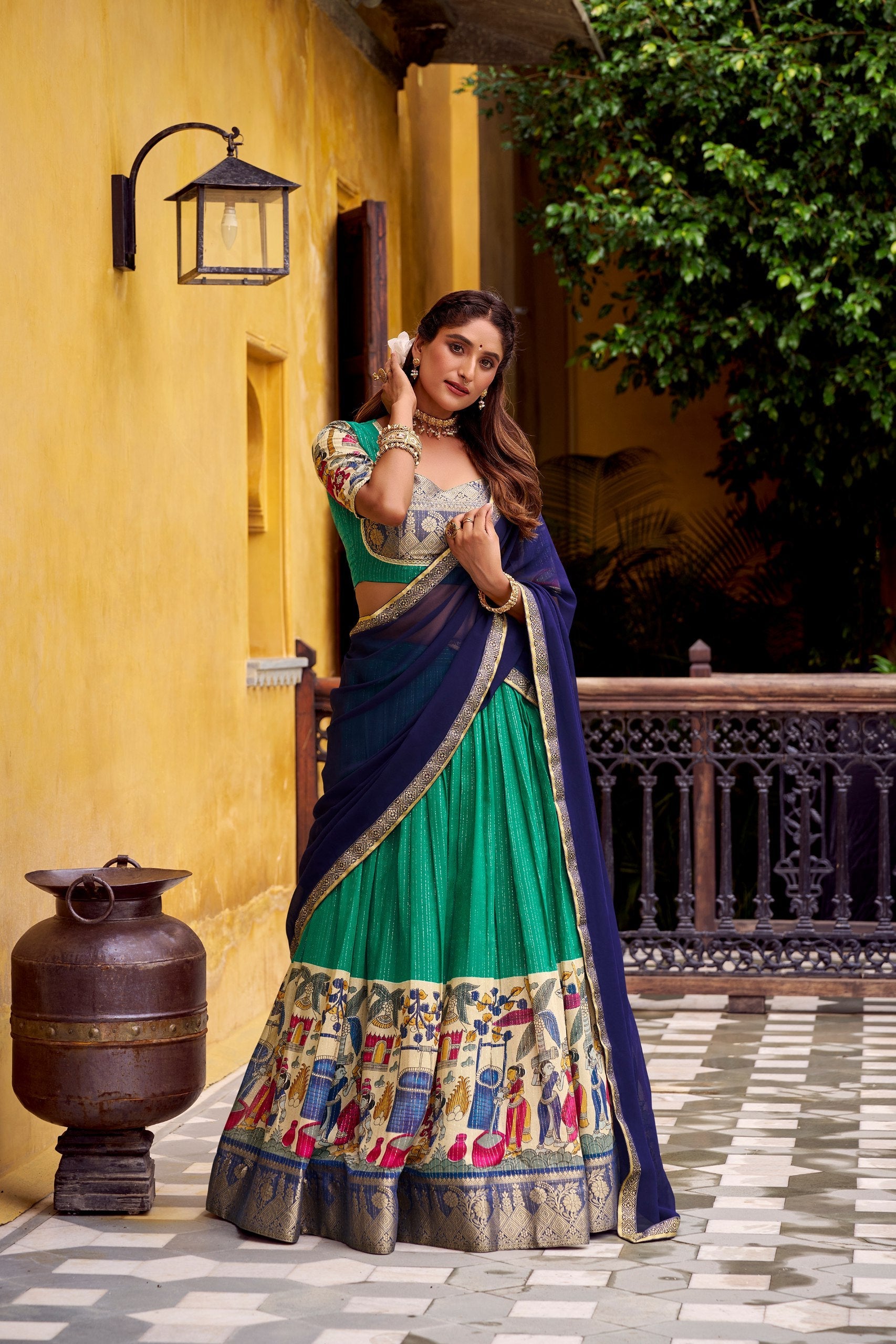 Chanderi Lehenga Choli With Kalamkari Print & Zari Weaving Work