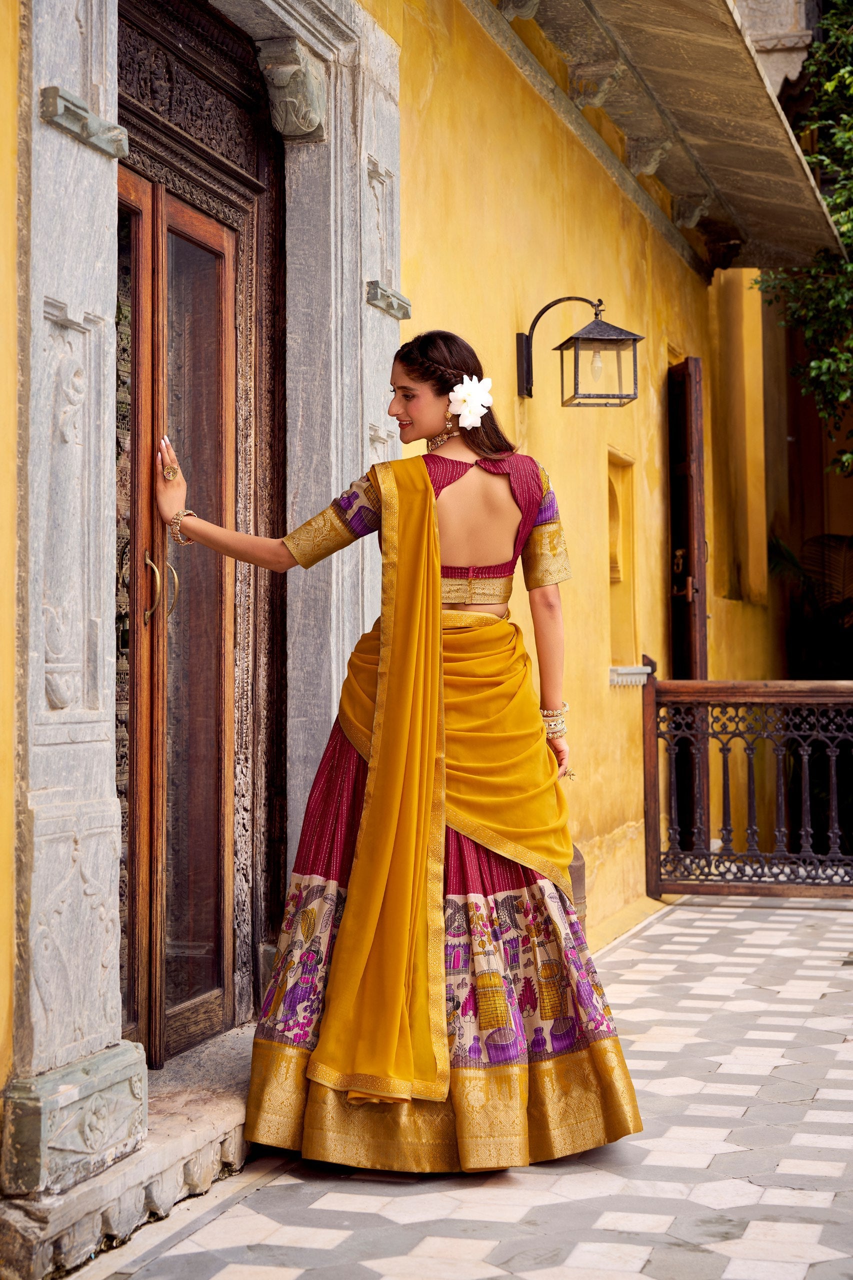 Chanderi Lehenga Choli With Kalamkari Print & Zari Weaving Work