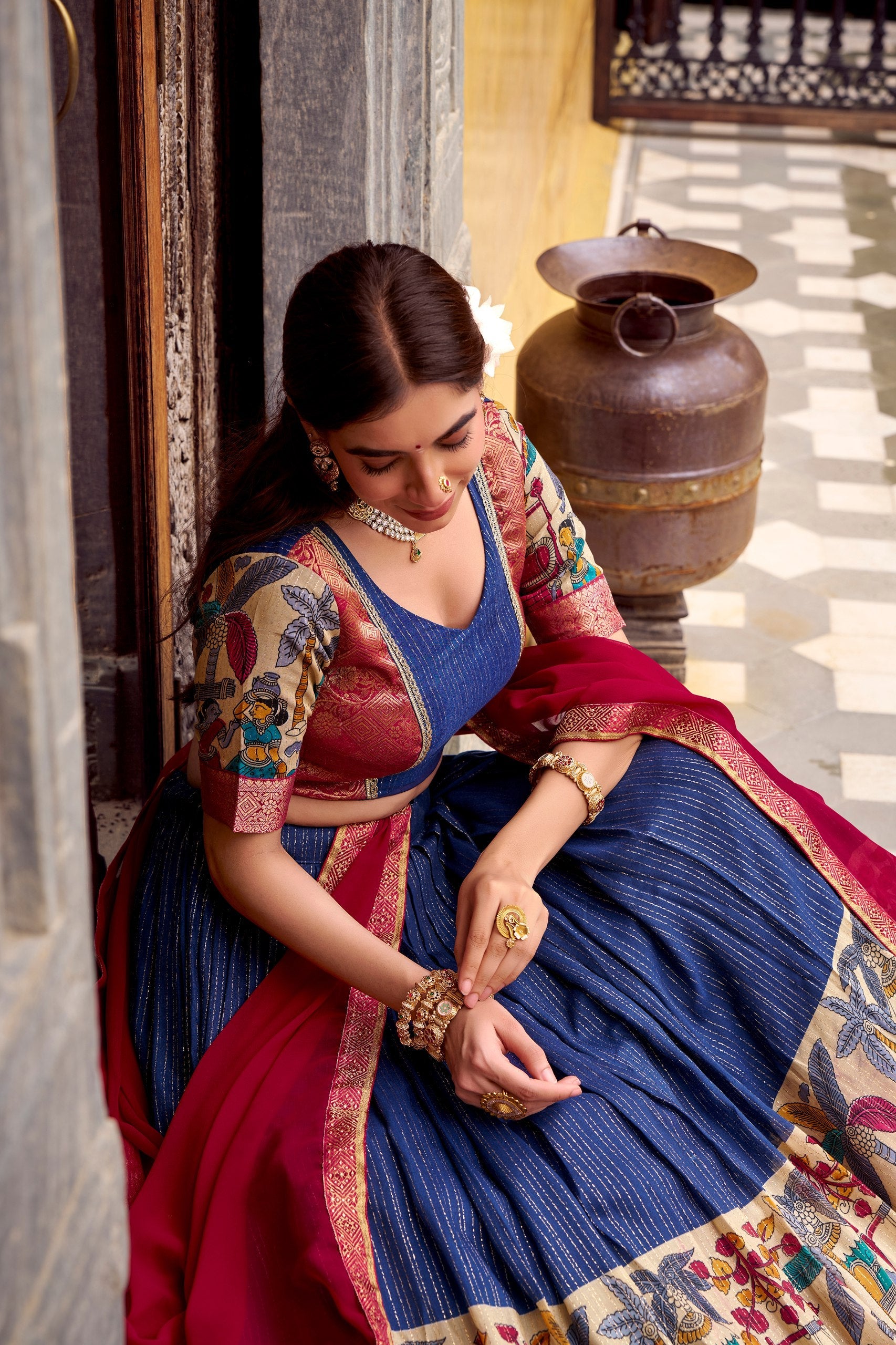 Chanderi Lehenga Choli With Kalamkari Print & Zari Weaving Work