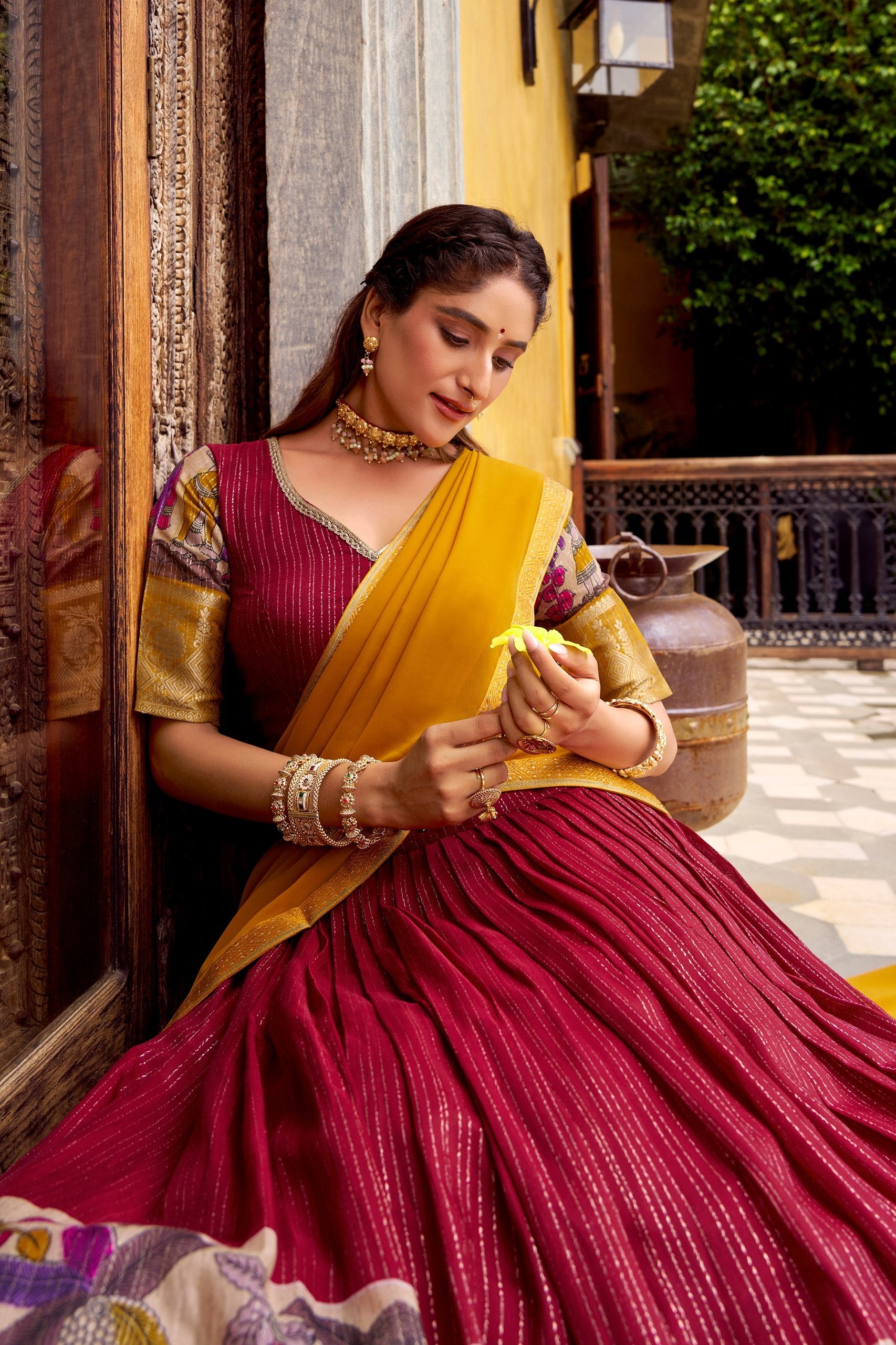 Chanderi Lehenga Choli With Kalamkari Print & Zari Weaving Work