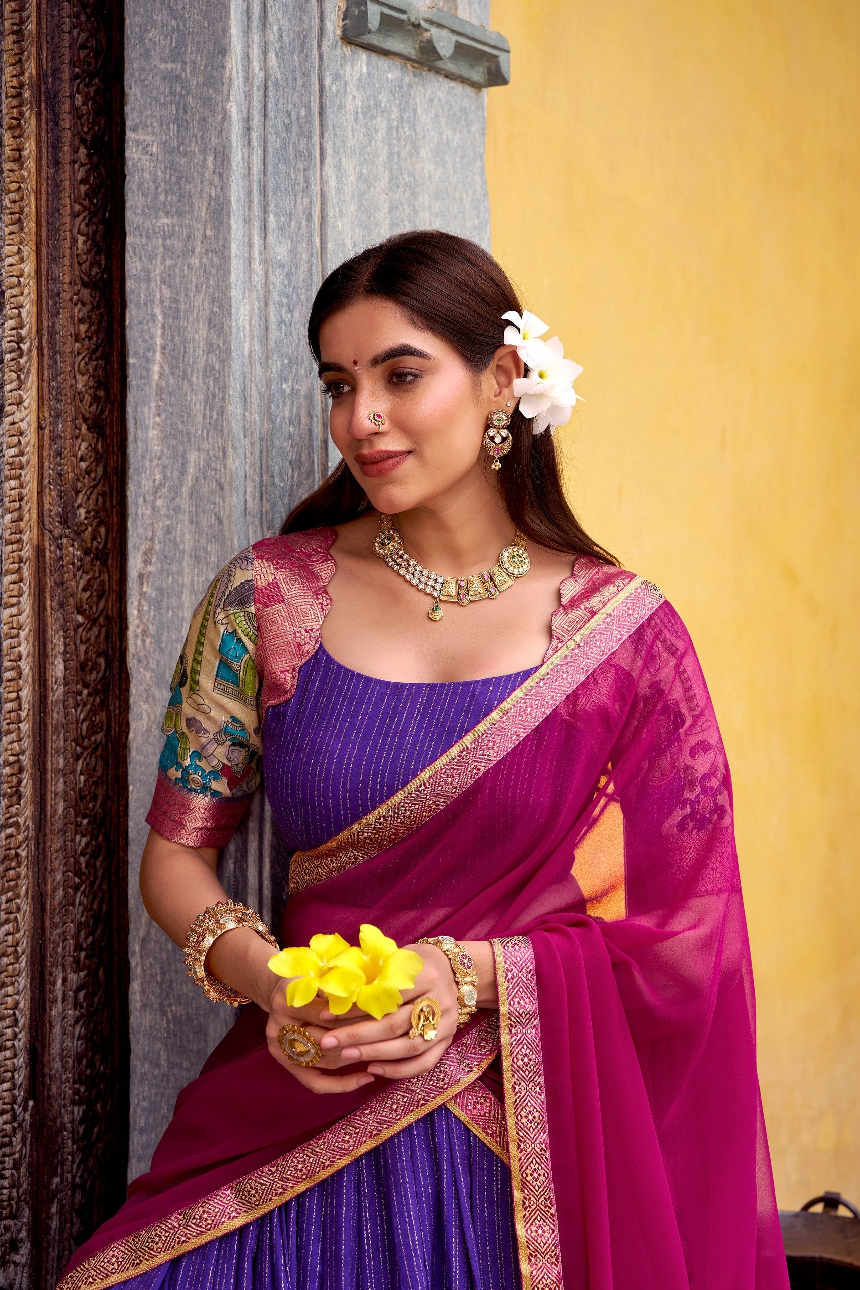 Chanderi Lehenga Choli With Kalamkari Print & Zari Weaving Work