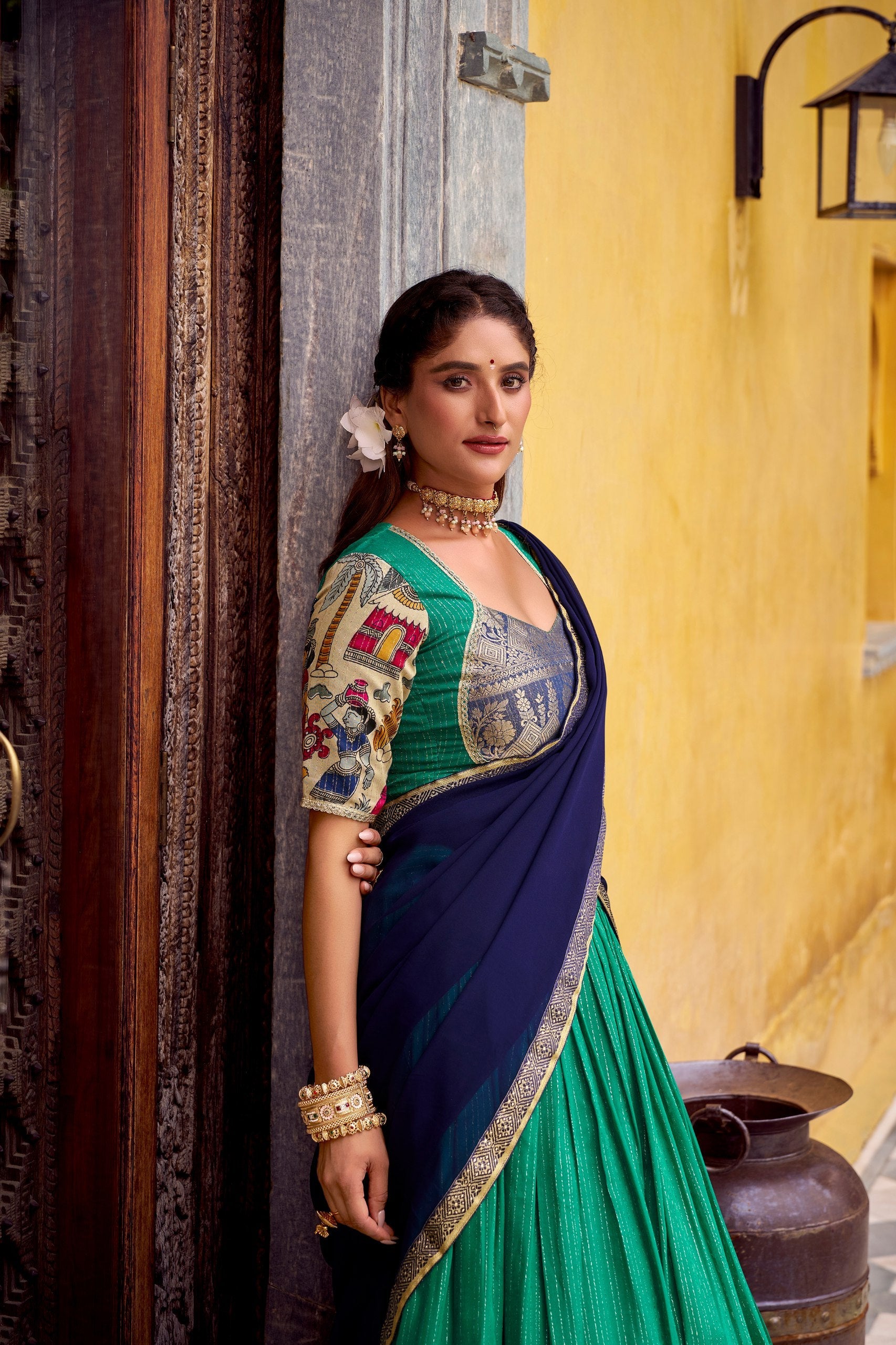 Chanderi Lehenga Choli With Kalamkari Print & Zari Weaving Work