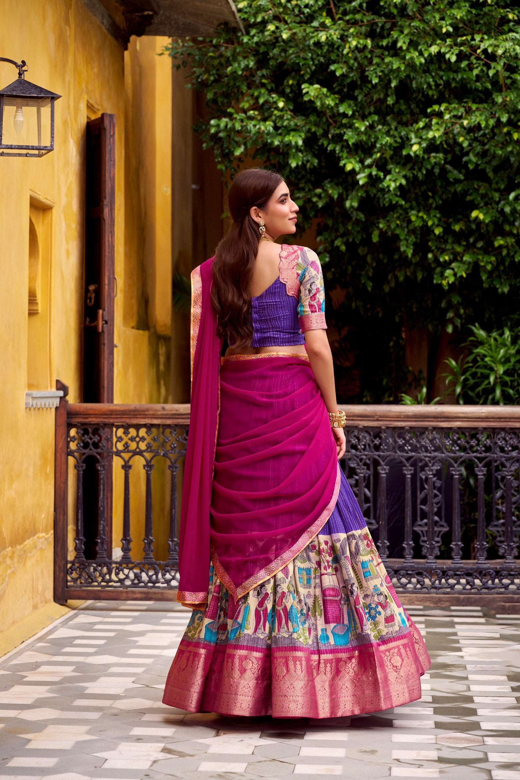 Chanderi Lehenga Choli With Kalamkari Print & Zari Weaving Work