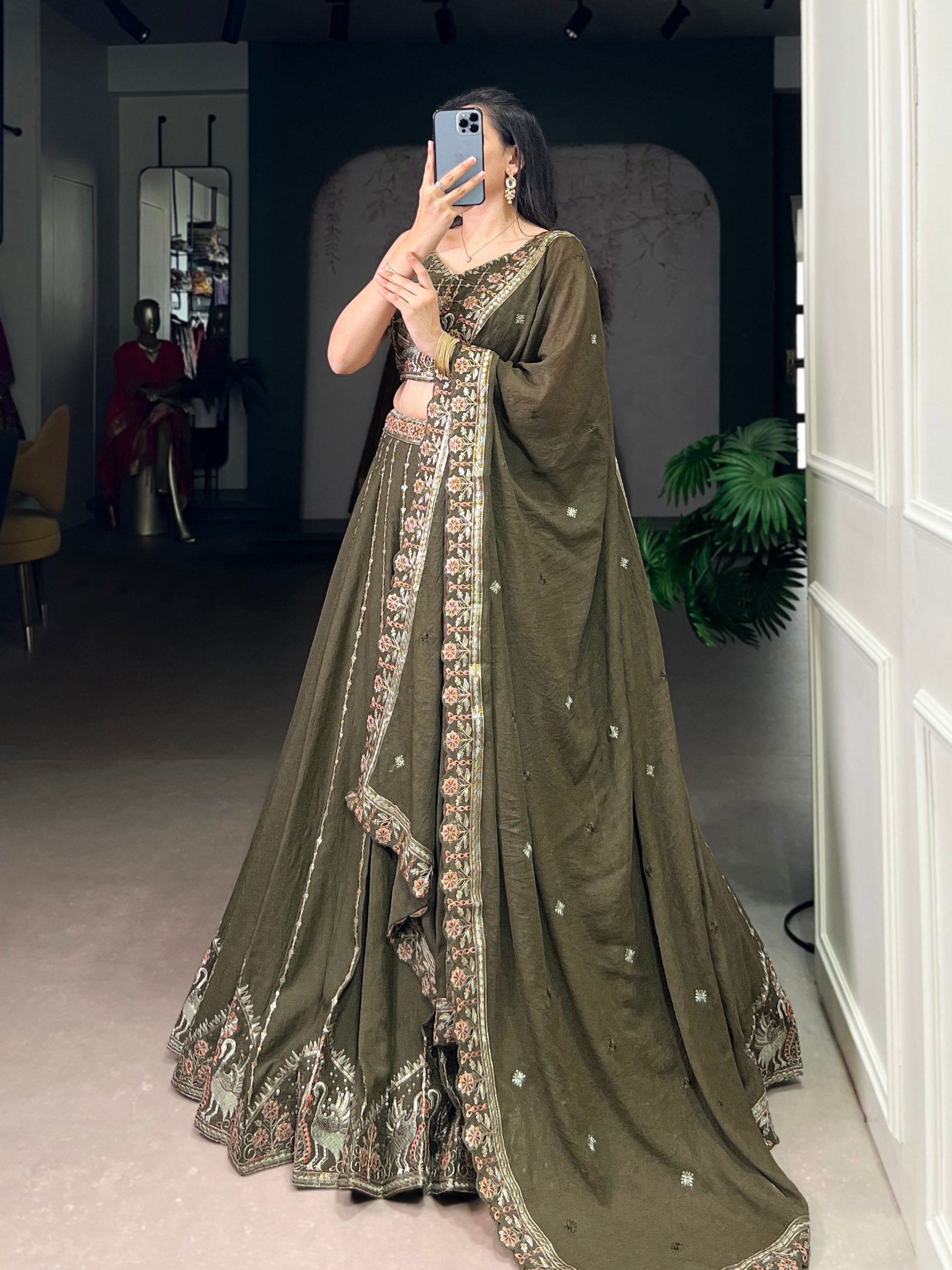 CHOCOLATE CRUSH SEQUENCE AND THREAD EMBROIDERY WORK LEHENGA CHOLI