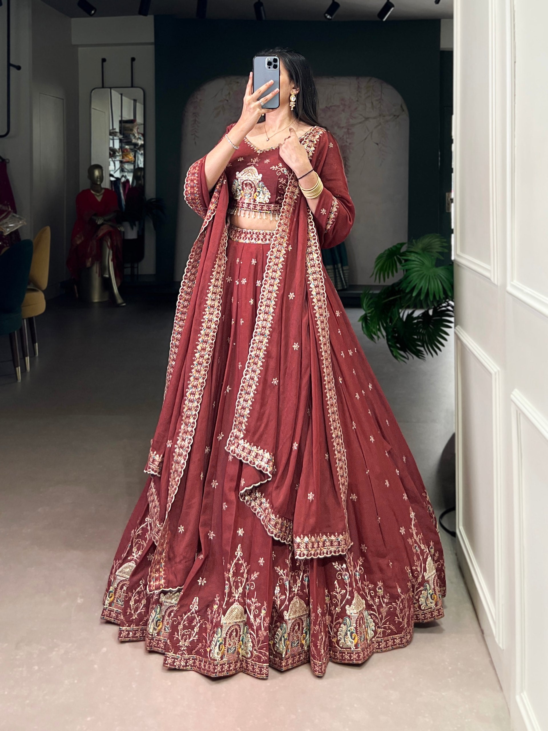 CHOCOLATE CRUSH SEQUENCE AND THREAD EMBROIDERY WORK LEHENGA CHOLI