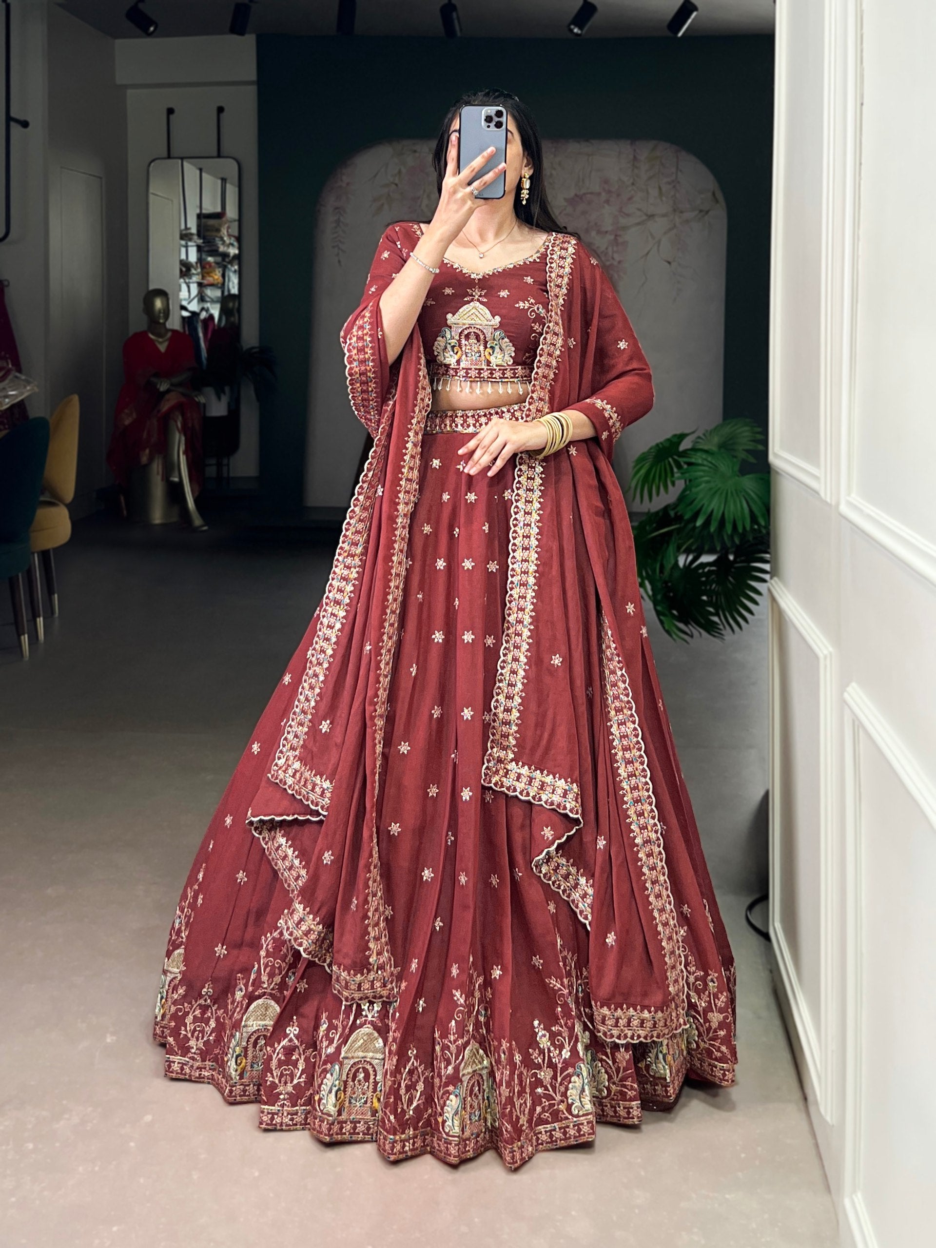 CHOCOLATE CRUSH SEQUENCE AND THREAD EMBROIDERY WORK LEHENGA CHOLI